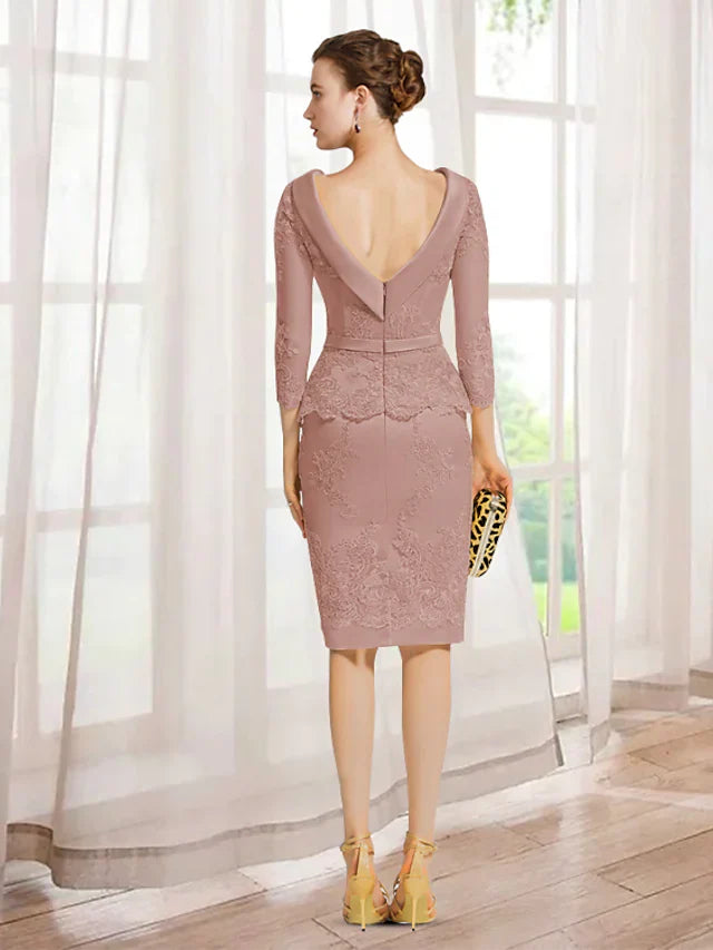 Wholesale Mother of the Bride Dress Elegant Jewel Neck Knee Length Lace Charmeuse 3/4 Length Sleeve with Appliques